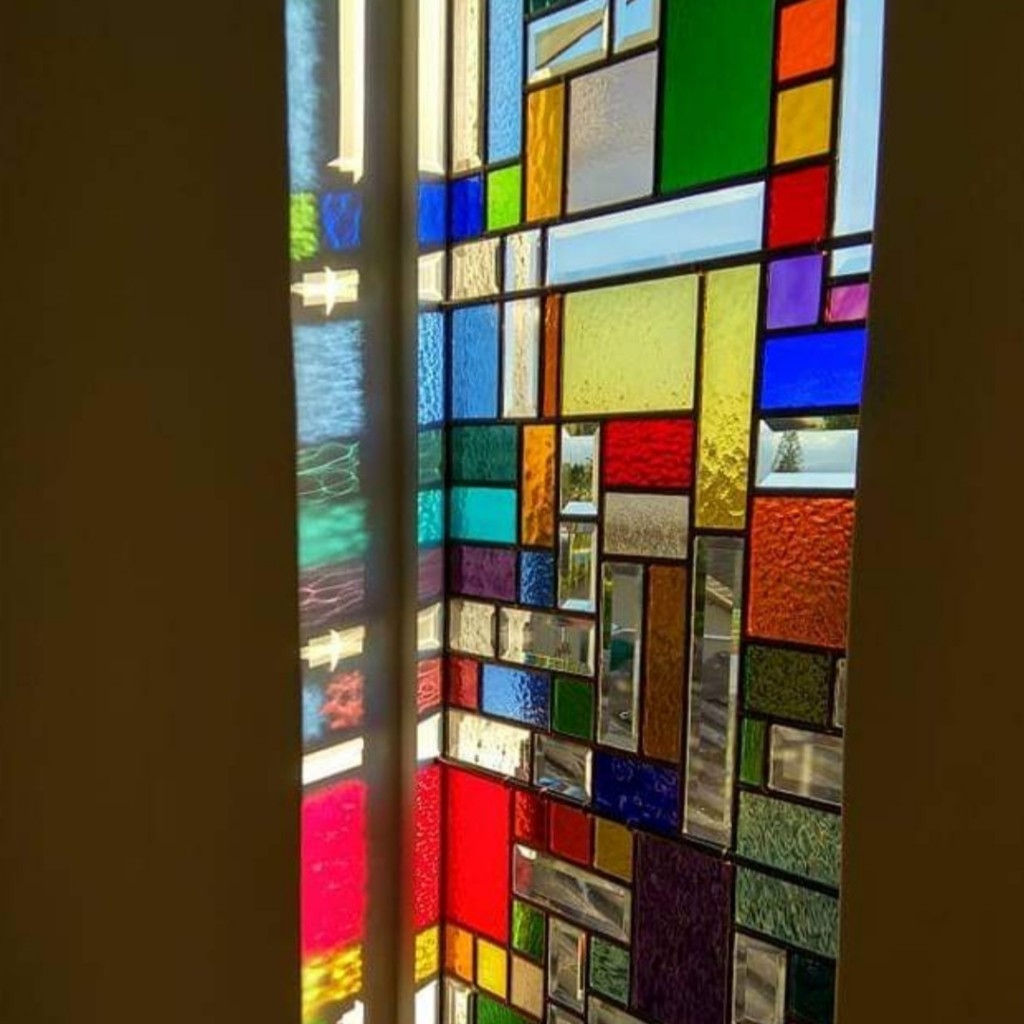 coloured blocks and bevelled stained glass window