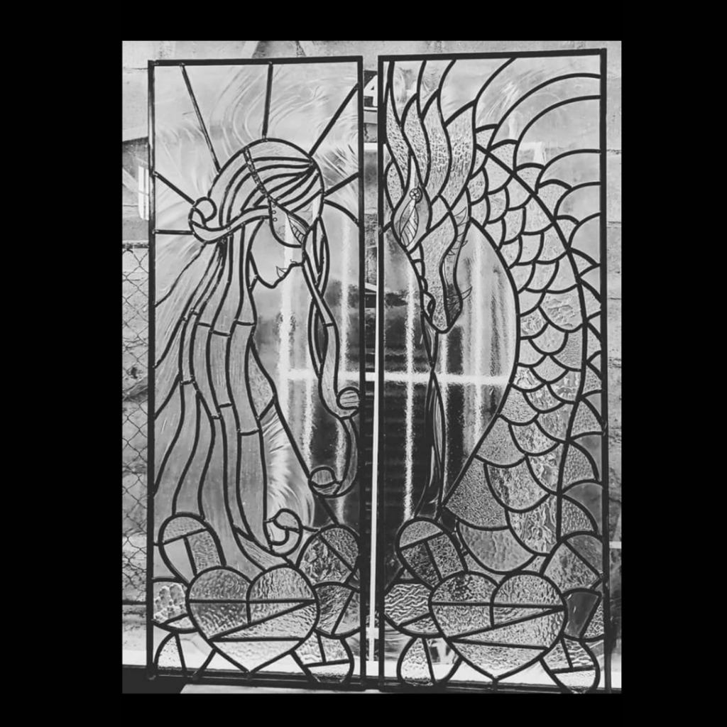 Dragon and rider fantasy front door panel made from clear glass with textures