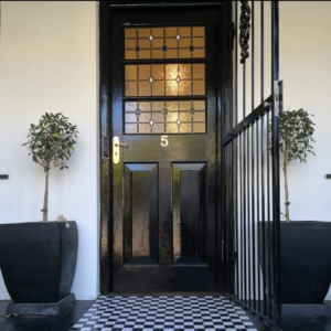 black and white front door stained glass window