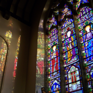 colorful stained glass windows at st.mary's, sandymount