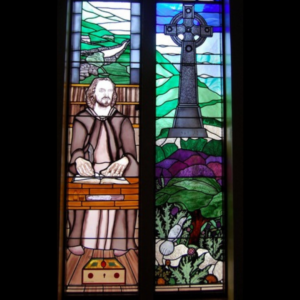 painted stained glass window, designed by vicki crowley