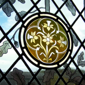 sand blasted and painted flower stained glass window for Tulira castle