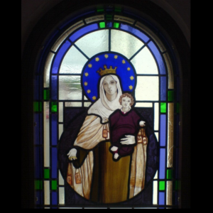 painted stained glass window depicting mary and Jesus, designed by Vicki crowley