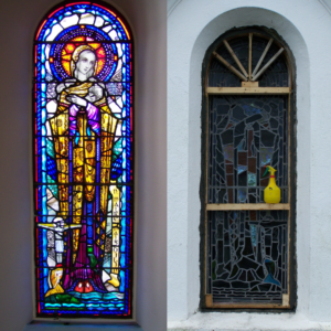 Restored stined glass window at Inis Maein, Arann Islands