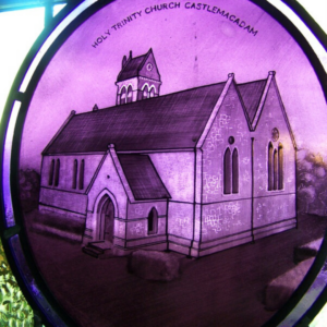 painted church, stained glass window, castlemacadam