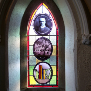 three painted windows, portrait, house and books for conary church