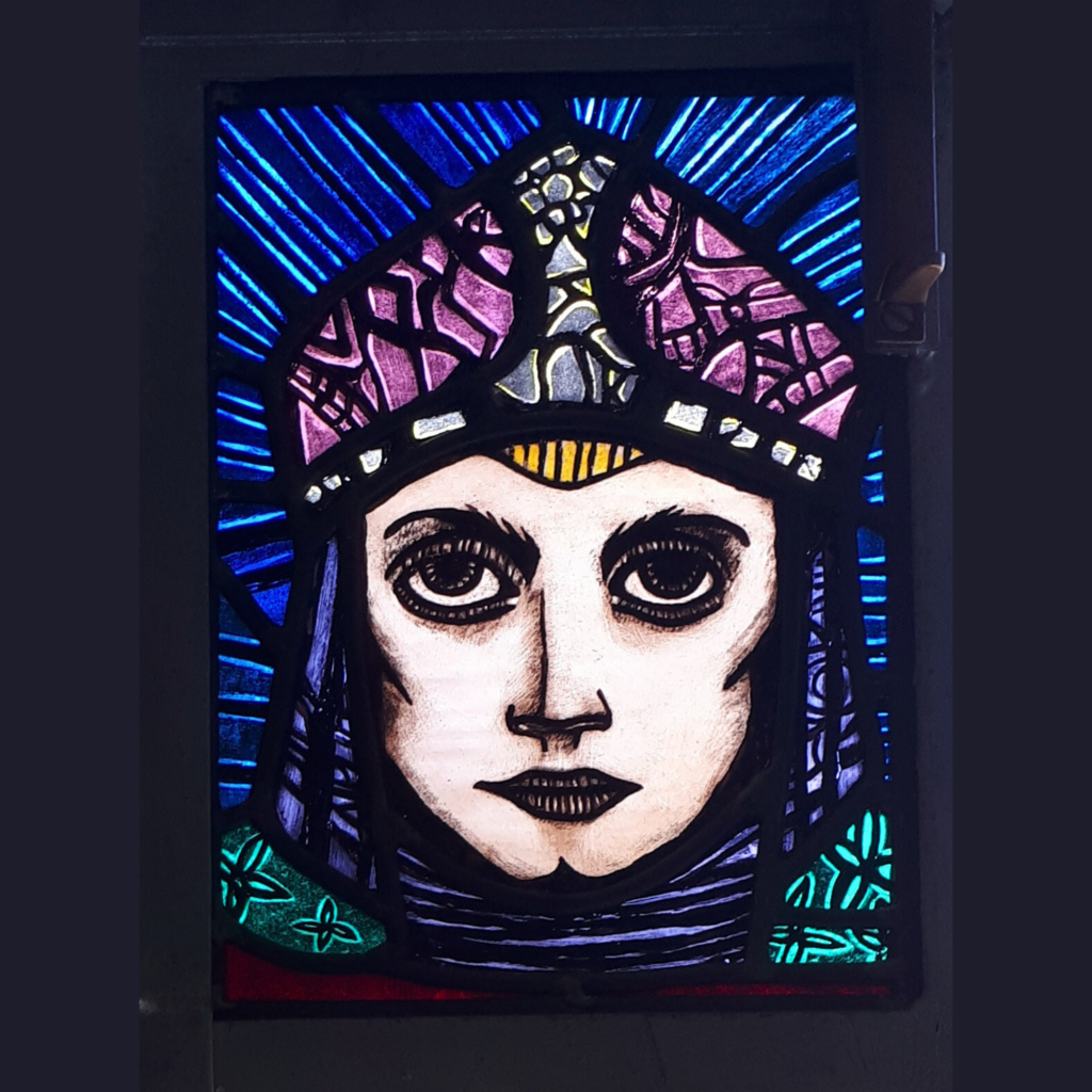Harry Clarke inspired painted portrait on glass