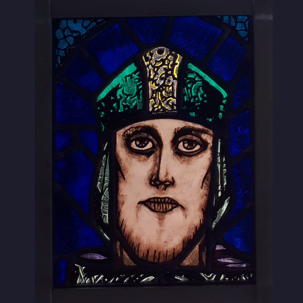Painted Harry Clarke style portrait of King Arthur