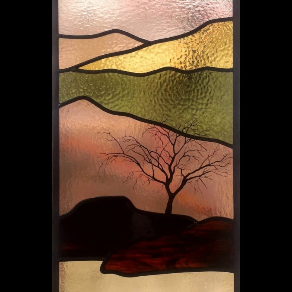 painted tree, landscape stained glass window