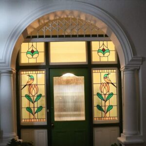 Hummingbird painted stained glass front door